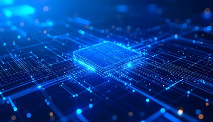 A central processor unit glows with blue light, illustrating the flow of digital information on a circuit board. Futuristic technology and AI concept.