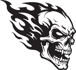 A menacing black and white illustration of an aggressive skull with sharp fangs and trailing flames.