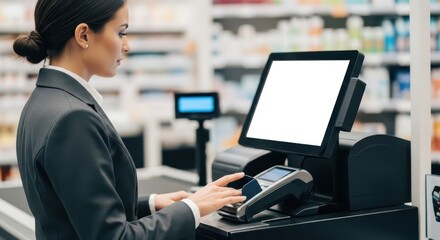 A woman in business attire uses a payment terminal at a retail checkout.