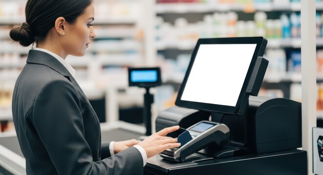 A woman in business attire uses a payment terminal at a retail checkout.