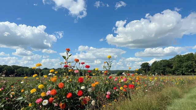 Vintage floral landscape with summer sky at a farm