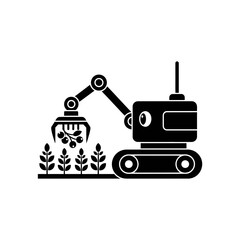 Fototapeta premium Robot harvesting crops with mechanical arm and gripper in a field.