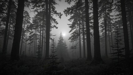 Naklejka premium Morning mist envelops a pine forest in grayscale