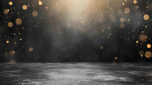 black empty stage podium platform pedestal black background and falling gold bokeh glitter circles