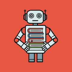 Robot holding a stack of books with arms akimbo and head tilted.