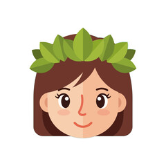 Cartoon woman face with brown hair wearing a green leaf crown.
