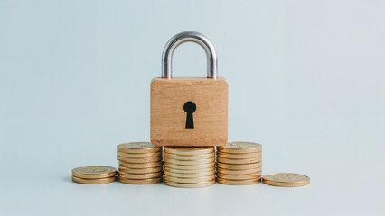 Wooden Master Key Lock Representing Financial Security on Coin Stack