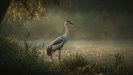 Fototapeta premium A solitary crane emerging through the morning fog
