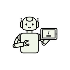 Cartoon robot holding a tablet displaying a line of code or text.