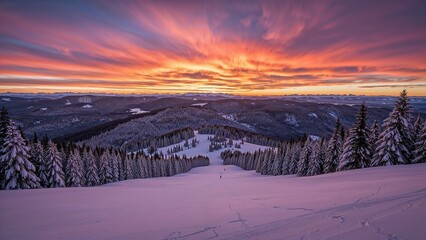 Colorful dusk sky above a winter ski area