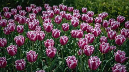 Fototapeta premium In a garden, tulips flourish with striking purple and white colors intertwined.