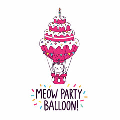 Whimsical Handdrawn Cake Balloon with Cat Inside Illustration for Celebration
