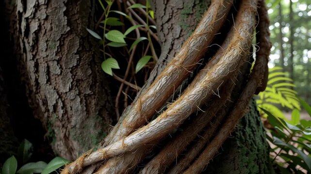 Tree root with rough bark and green leaf texture in natural outdoor environment showing natures calm and resilience among intertwined roots