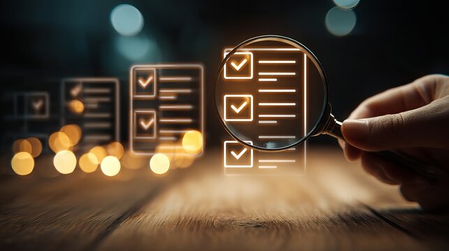 A hand holding a magnifying glass over a checklist icon, with multiple checklists in the background. The scene has a warm, glowing ambiance with soft bokeh lights scattered around.