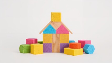 Fototapeta premium Vibrant foam construction bricks on a plain white backdrop