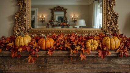 A cozy atmosphere is set by vibrant pumpkins and fall leaves decorating a shelf beneath an ornamental mirror.