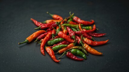 Vibrant chili peppers scattered on a black background in a close-up top view