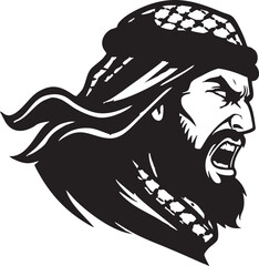 A fierce, bearded warrior in profile, wearing a headscarf and shouting with an angry expression.