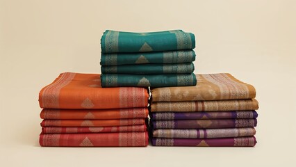 Vibrant handloom Chanderi sarees arranged in neat piles, highlighting classic women's ethnic wear.