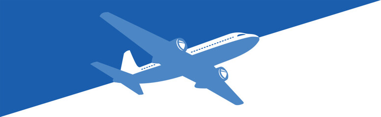 Plane flies upward, dividing sky into blue and white. Vector template for web page header © Kiselov