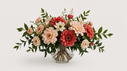 Multicolored synthetic flowers placed in a jar with a white background