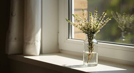 In a Bottle White Heather in a small, clear glass bottle on a sun-drenched windowsill Simple