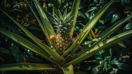 Fototapeta premium Colorful Tropical Fruit Display Featuring a Young Pineapple and Leafy Background
