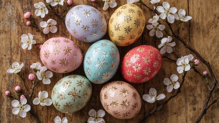Obraz premium Assorted Easter eggs with lively spring flowers arranged on a wooden table