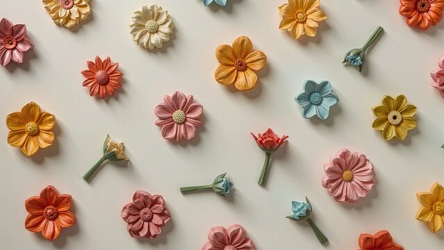 Assorted colorful wooden floral shapes on a neutral white background