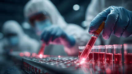 Close focus on hazmat suit sleeves and sealed gloves inserting test tubes into containment chamber compartments, soft reflections on safety glass emphasizing the barrier between hu