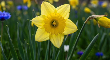 Obraz premium Macro shot of a yellow Daffodil on its stalk in a wild meadow, under bright midday sun. Fresh and detailed