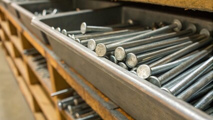 Close Up of Metal Tray Filled with Steel Nails on Hardware Store Shelf for Construction Tools
