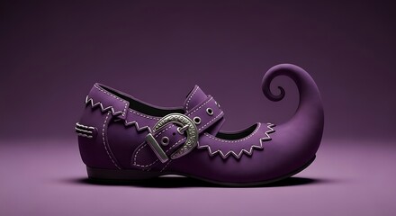 Purple elf shoe with silver buckle on a matching purple background, whimsical footwear for fantasy characters and holiday themes, perfect for storybook illustrations