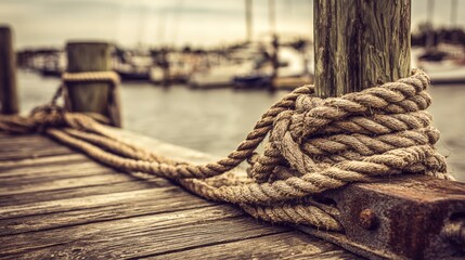 Fototapeta premium Nautical Rope Tied Securely to a Wooden Pier Post, Featuring Boats in Soft Focus