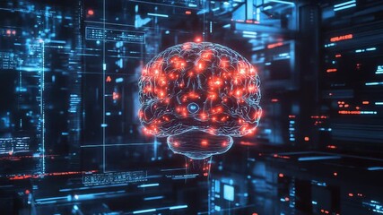 Artificial intelligence processing data in futuristic server room with digital brain - Powered by Adobe