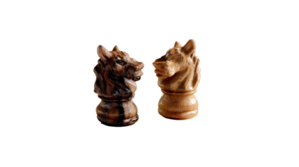 Chess Knight's Head Facing Off: Two chess knight pieces stand in a standoff, head-to-head in a dramatic display of strategy, skill, and intellectual competition.
