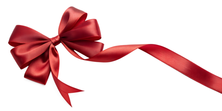 PNG luxurious red smooth ribbon tied into an elegant bow with a long flowing tail isolated on a transparent background
