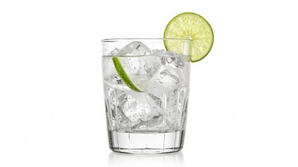 Chilled carbonated water in a glass with ice and lime slice on a clean surface