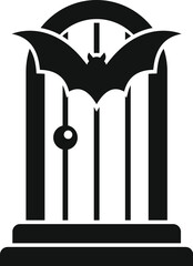 Spooky halloween entrance featuring a bat hanging over a doorway with steps, creating a creepy atmosphere