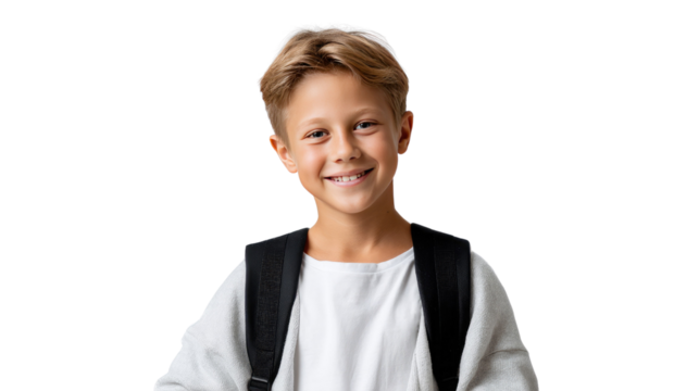 Smiling Student Ready for School: A cheerful young boy with a backpack smiles, embodying the spirit of learning and the excitement of new beginnings. - Powered by Adobe