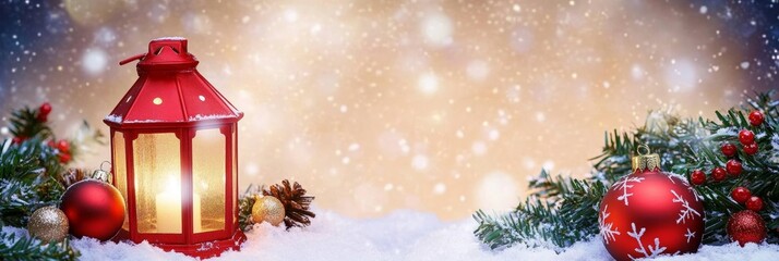 Beautiful Christmas Time with Red Lantern, Ornaments on Snow, and Blurry Lights in Background