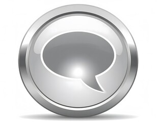 Glossy silver push button with a speech bubble symbol. This three-dimensional circular icon represents modern digital communication and messaging.