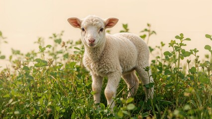 Obraz premium Close-up shot of a charming young sheep lamb in a clover meadow looking towards the lens