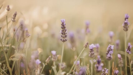 Macro image of vibrant lavender plants in full bloom during summer, set against a natural background, perfect for spa, beauty, floral, garden, and farming contexts