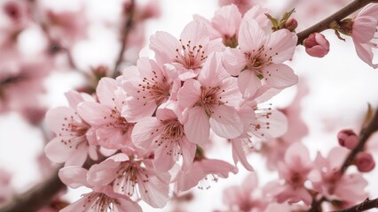 Obraz premium Macro shot of blooming nectarine tree flowers set on a white background
