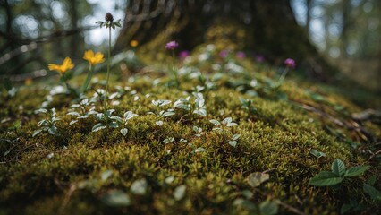 Macro shot of small plants and lichens thriving on moss-covered ground