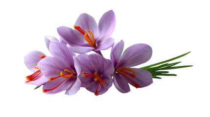 Obraz premium Delicate Saffron Blooms: Exquisite purple saffron flowers, with vibrant orange stigmas and subtle green stems, offer a glimpse of natural elegance and culinary potential.