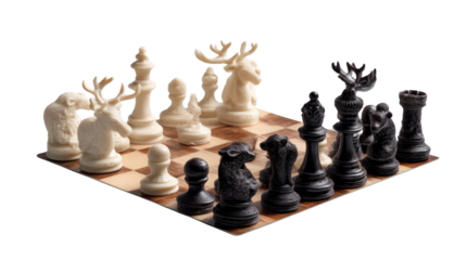 Chess set: A chess set with meticulously crafted, unique animal-themed pieces poised on a checkered board, ready for the next strategic move.