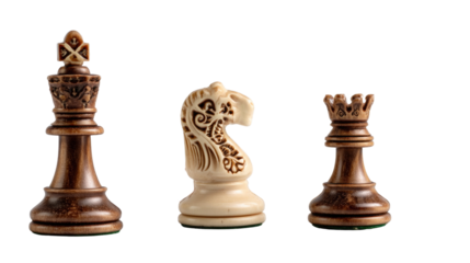 Chess Pieces in a Row: A trio of elegantly crafted chess pieces stands in pristine condition, perfectly lit to accentuate their intricate designs, ready to be deployed in a game of strategy.