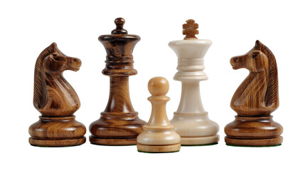 Chess Pieces Strategy: An array of meticulously crafted chess pieces stands poised on the verge of strategic engagement.